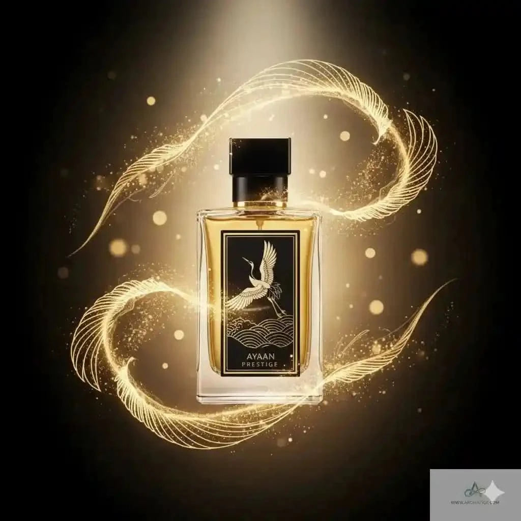 Perfume bottle with gold design and glowing effects on a dark background