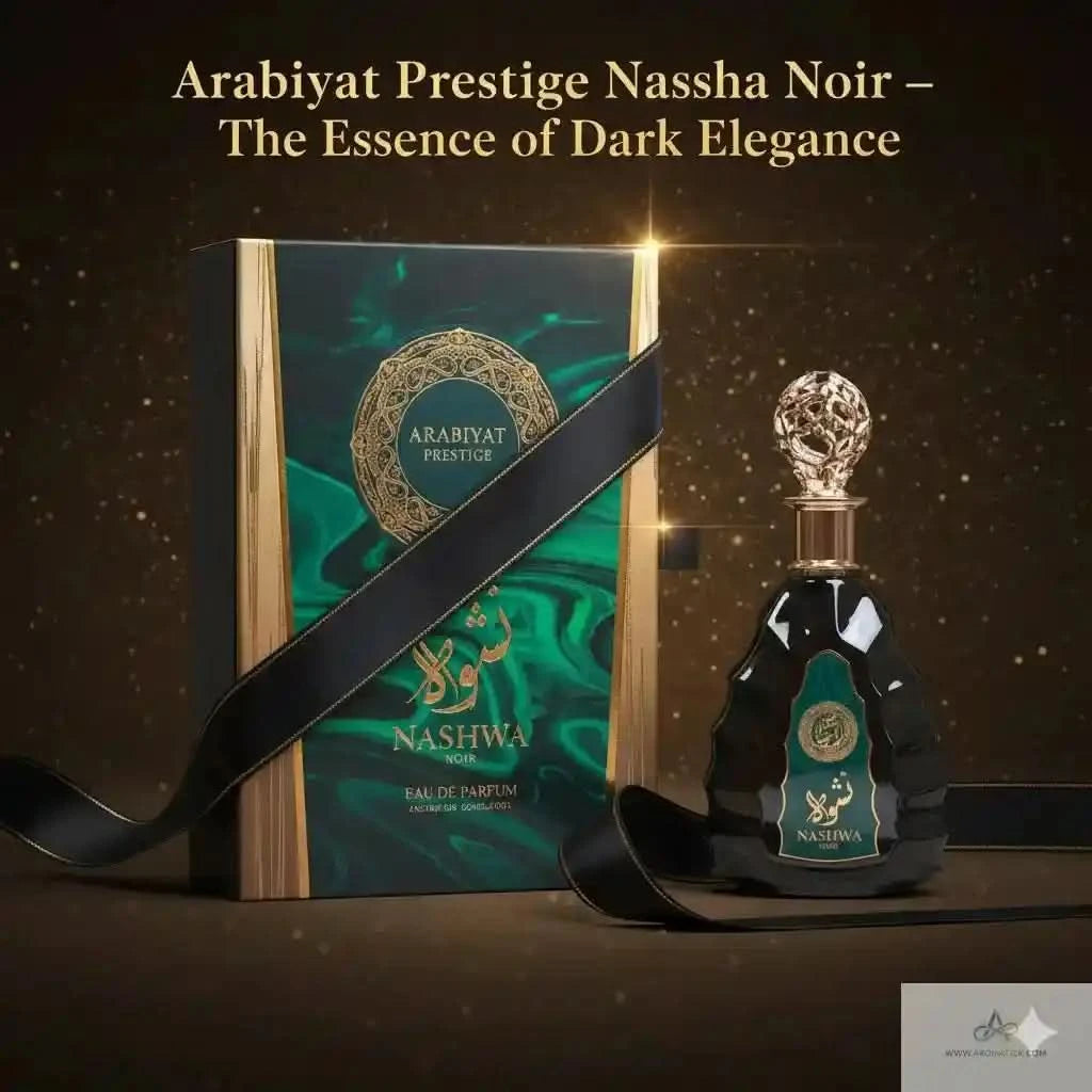 Arabiyat Prestige NASHWA Noir perfume bottle and packaging on a dark background