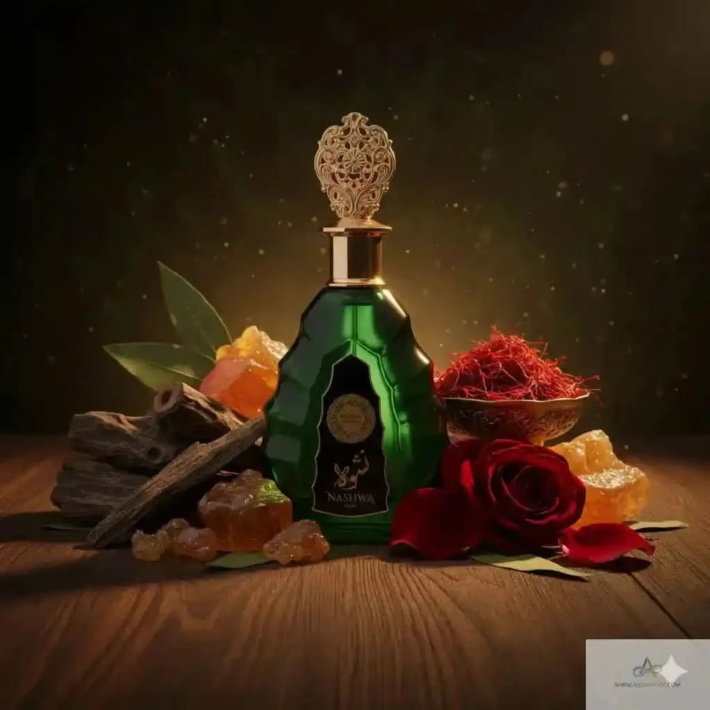 Green perfume bottle with decorative top on a wooden surface with flowers and spices