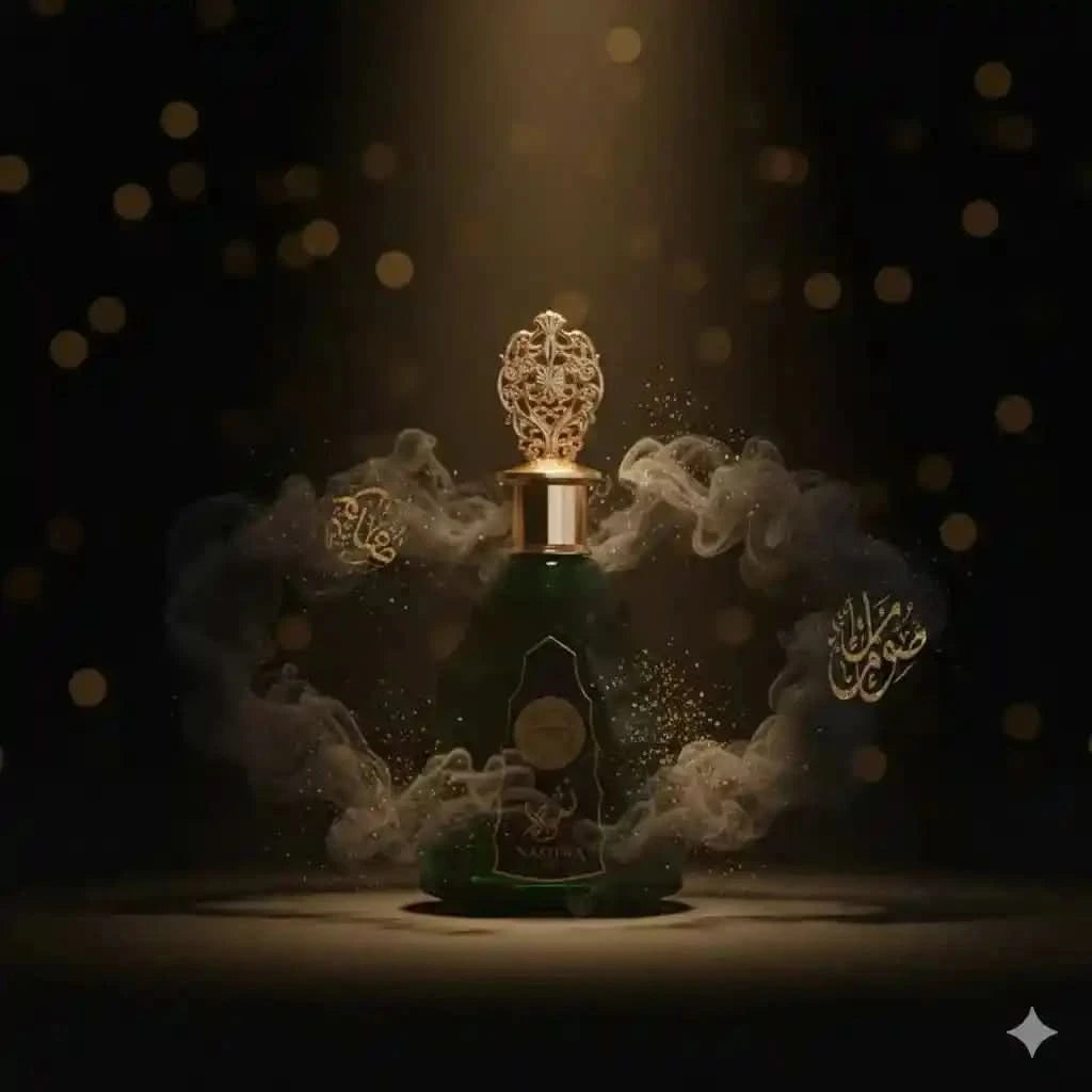 Green perfume bottle with gold cap on a dark background with smoke effects