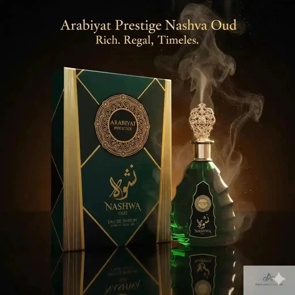 Arabiyat Prestige Nashva Oud perfume bottle and packaging with smoke effect on a dark background