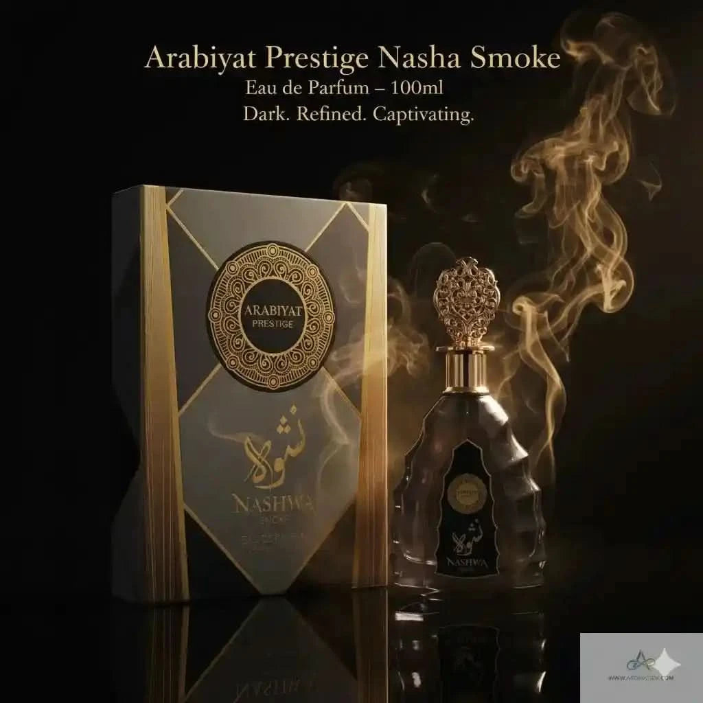 Arabiyat Prestige Nasha Smoke perfume bottle and packaging with smoke effect on a dark background