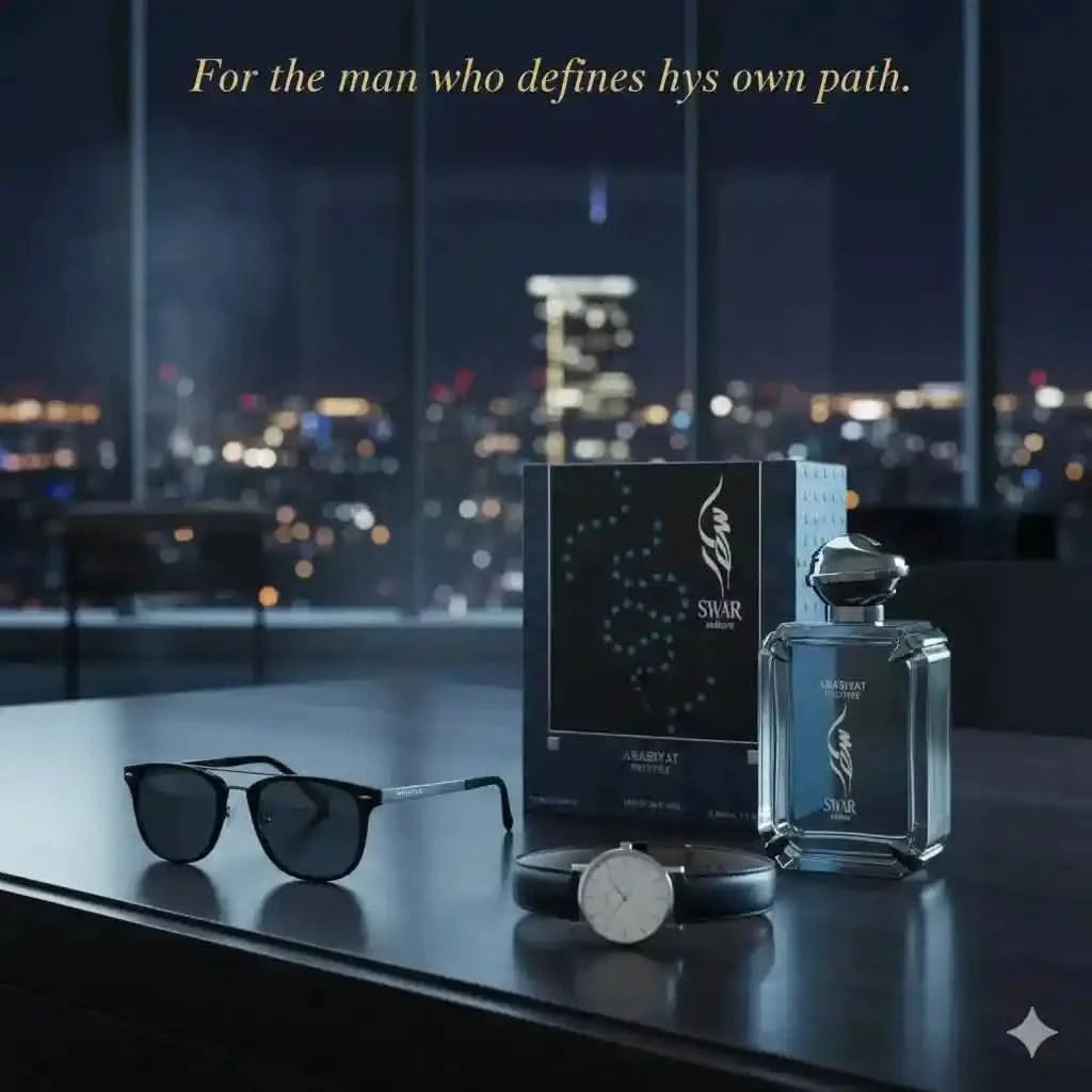 Perfume bottle, sunglasses, and watch on a table with cityscape background