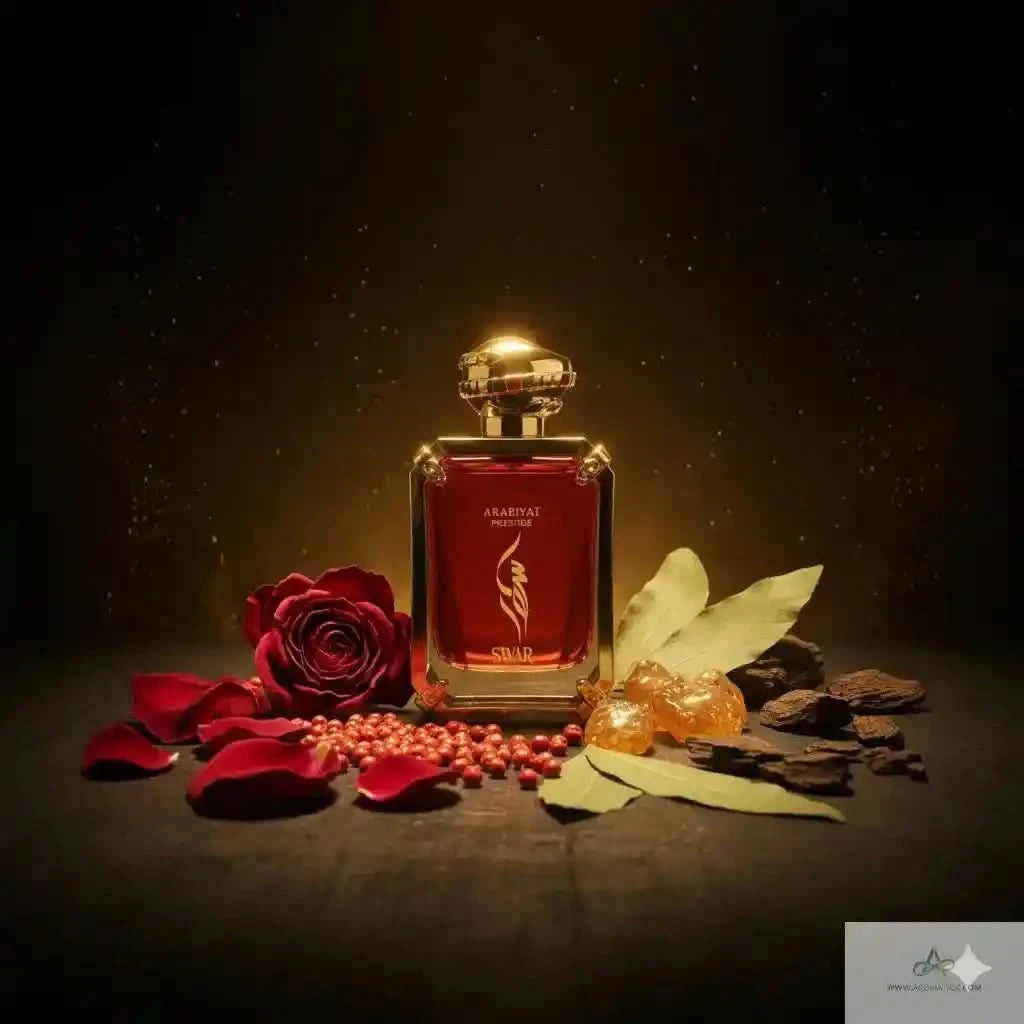 Red perfume bottle with decorative elements on a dark background