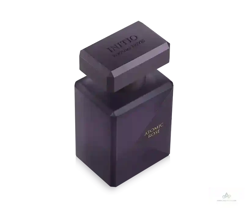 Dark purple perfume bottle with 'INITIO' branding on a white background