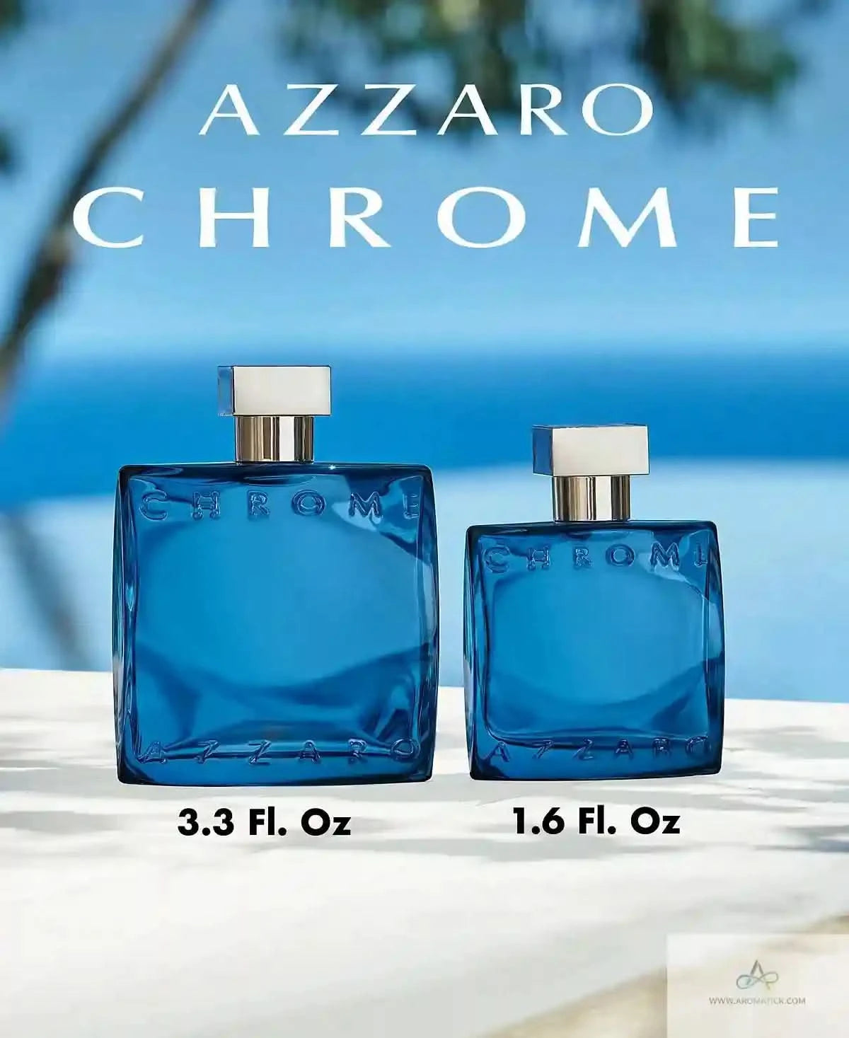 Two blue Azzaro Chrome perfume bottles with a blurred beach background