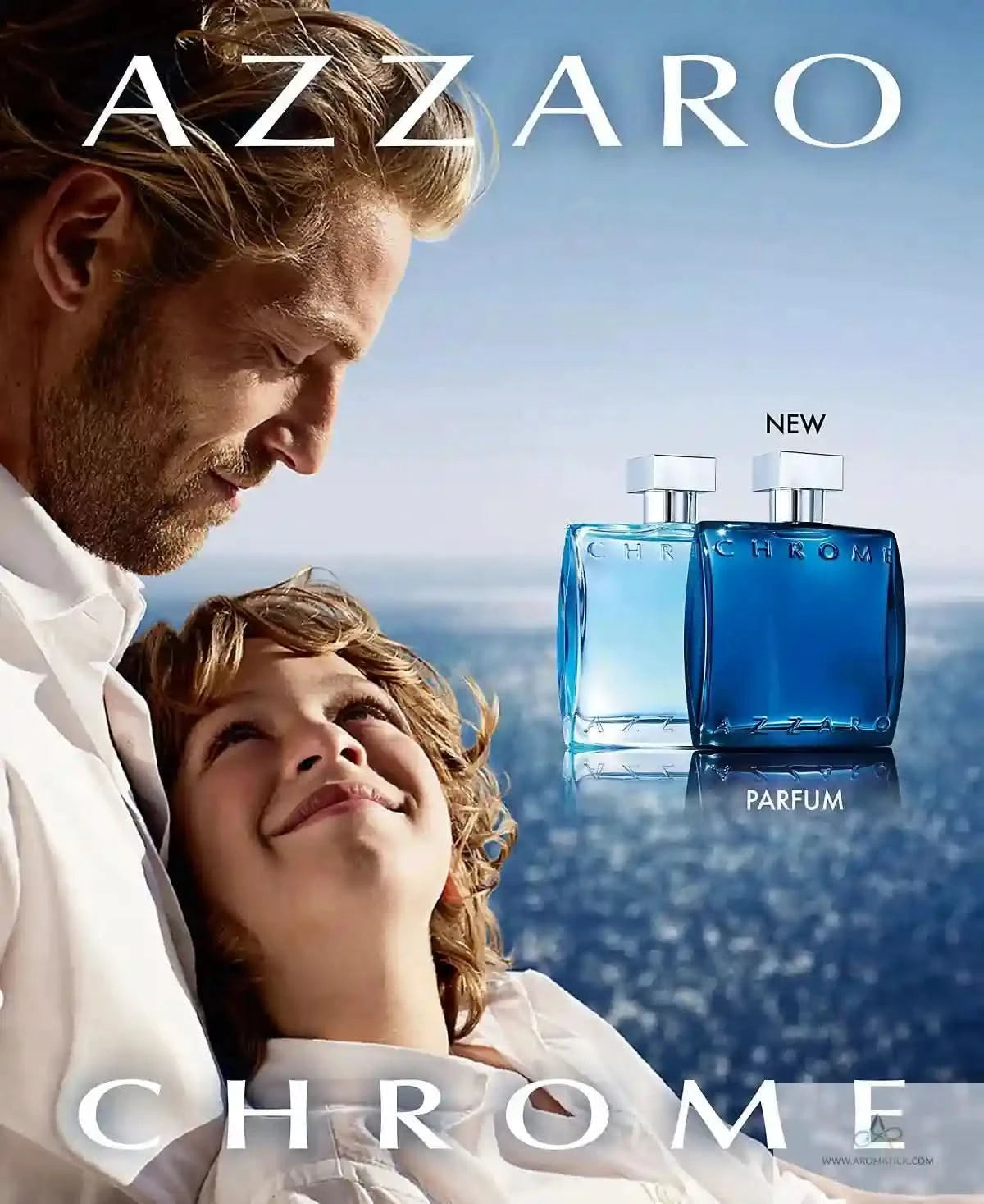 Azzaro Chrome perfume advertisement with a man and child against a blue sky.