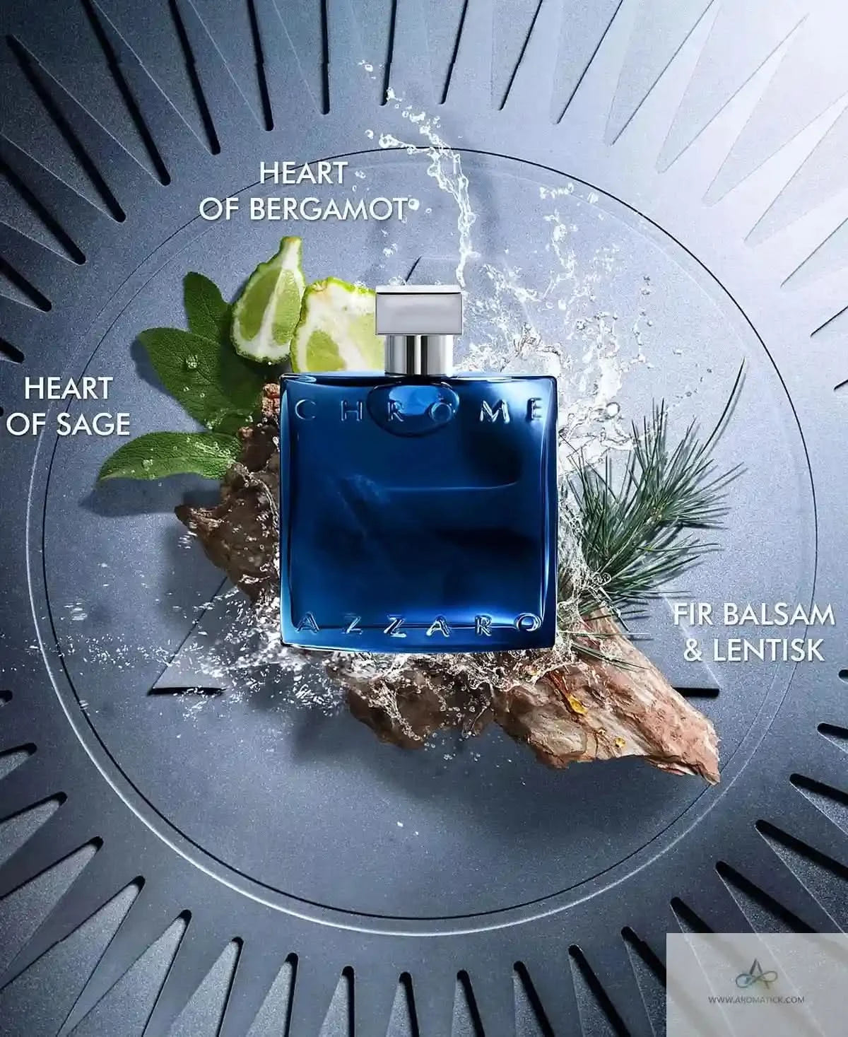 Blue Chime perfume bottle with natural elements on a circular design