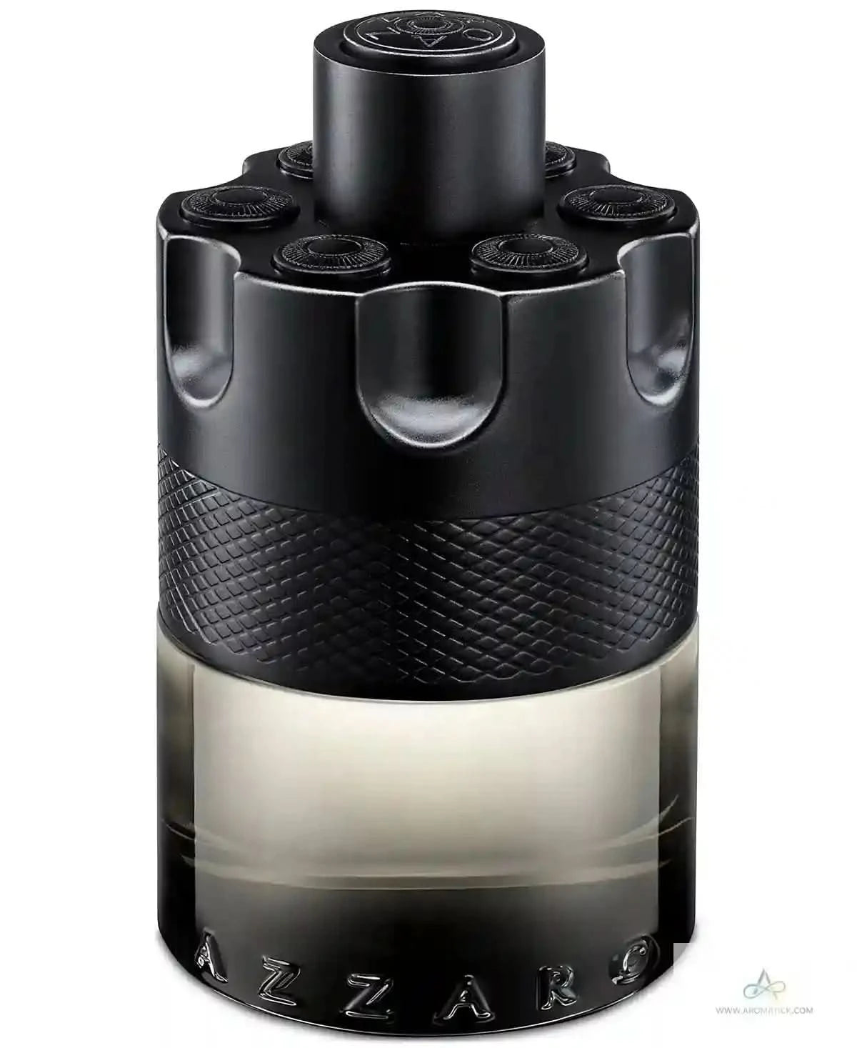 Black and gray Azzaro cologne bottle on a white background