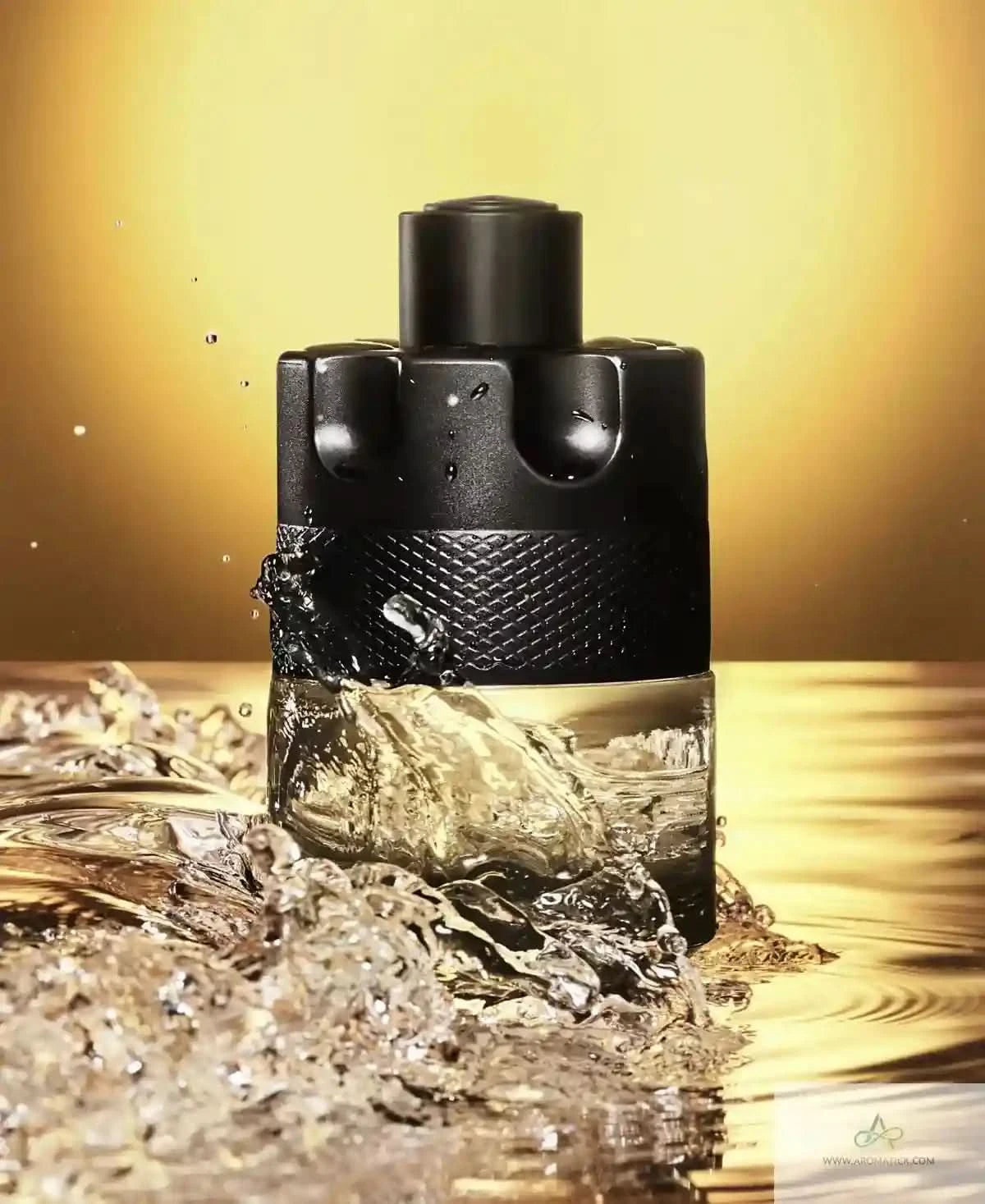 Black perfume bottle with water design on a gold background