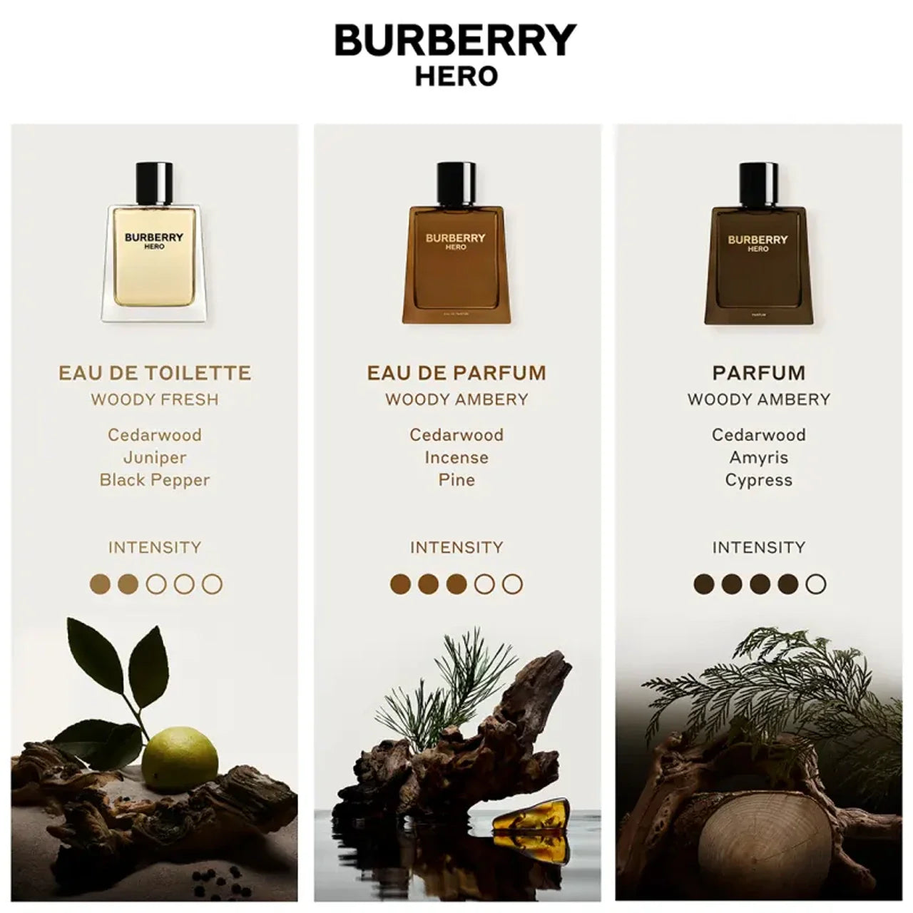Burberry Hero perfume collection with three different scents on a white background.