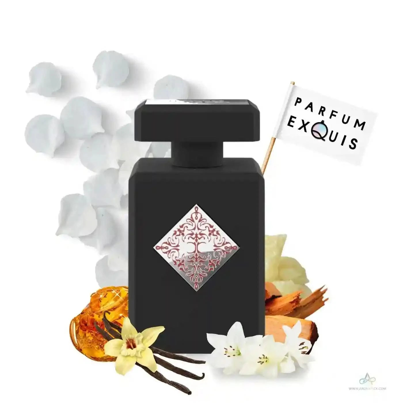 Black perfume bottle with decorative label, surrounded by flowers and leaves on a white background