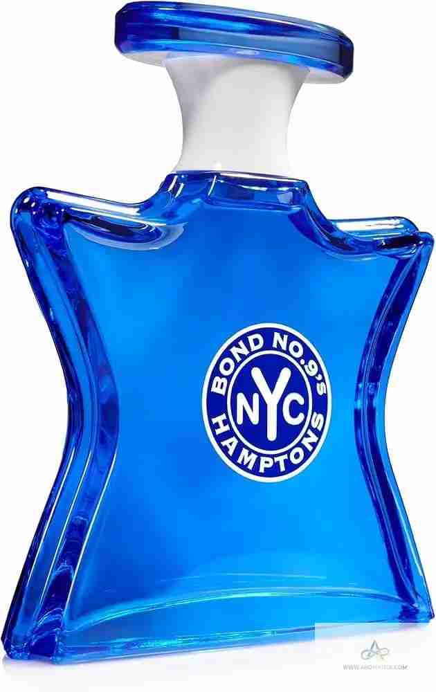 Blue perfume bottle with 'Bond No. 9' logo on a white background