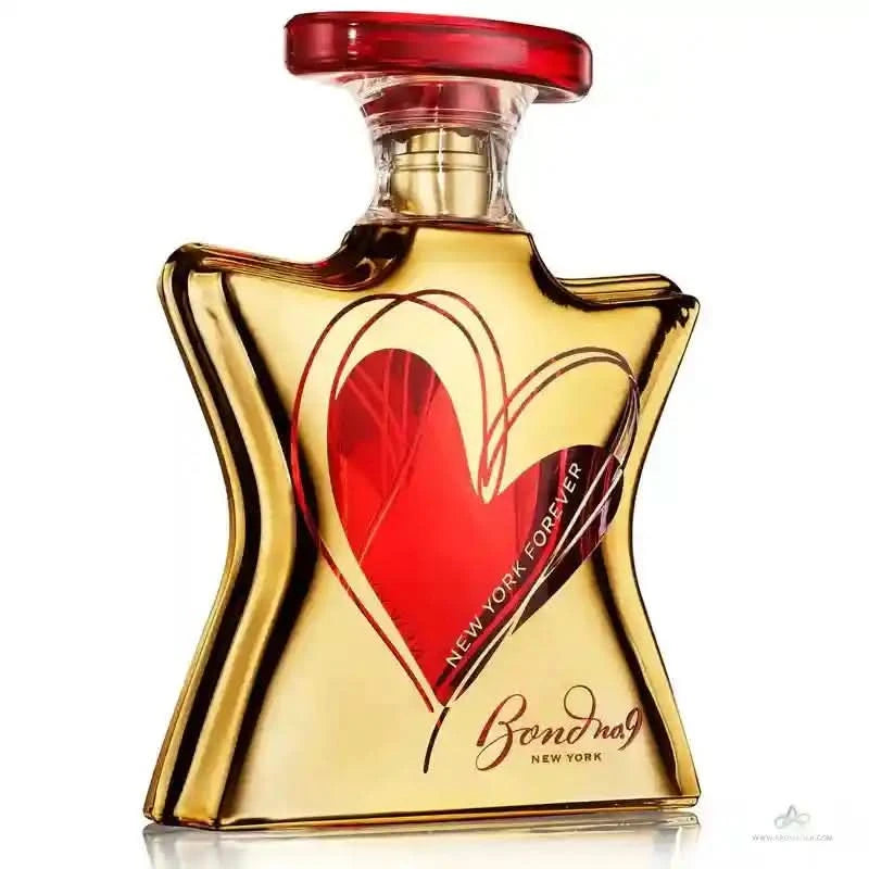 Perfume bottle with red heart design and gold body on a white background