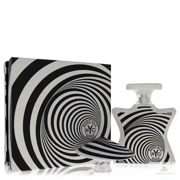 Black and white striped perfume bottle and packaging with 'BOND NO. 9' branding on a white background.