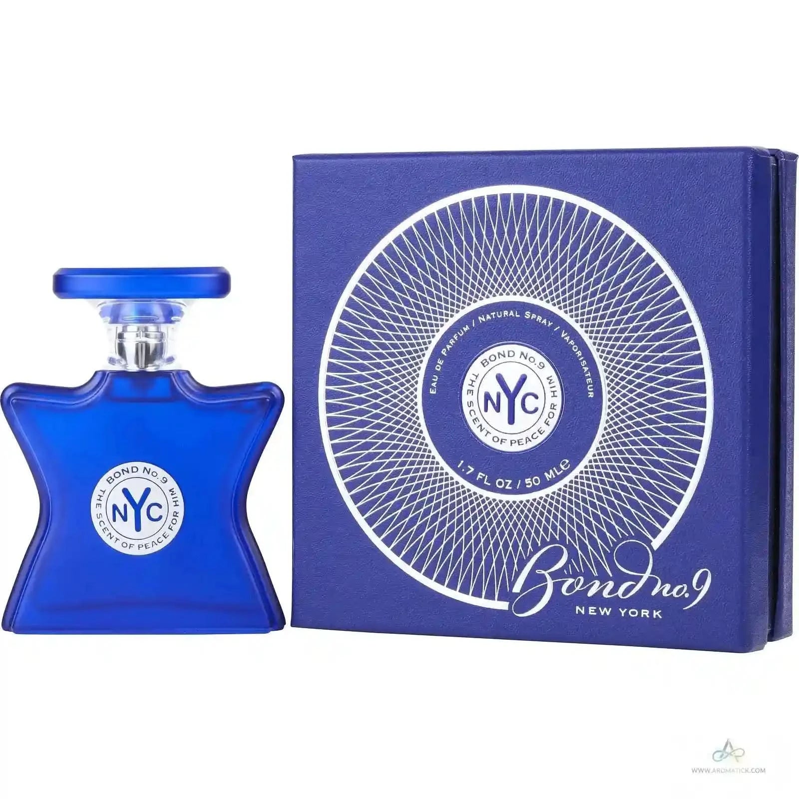 Blue perfume bottle and packaging with 'Bond No. 9' branding on a white background