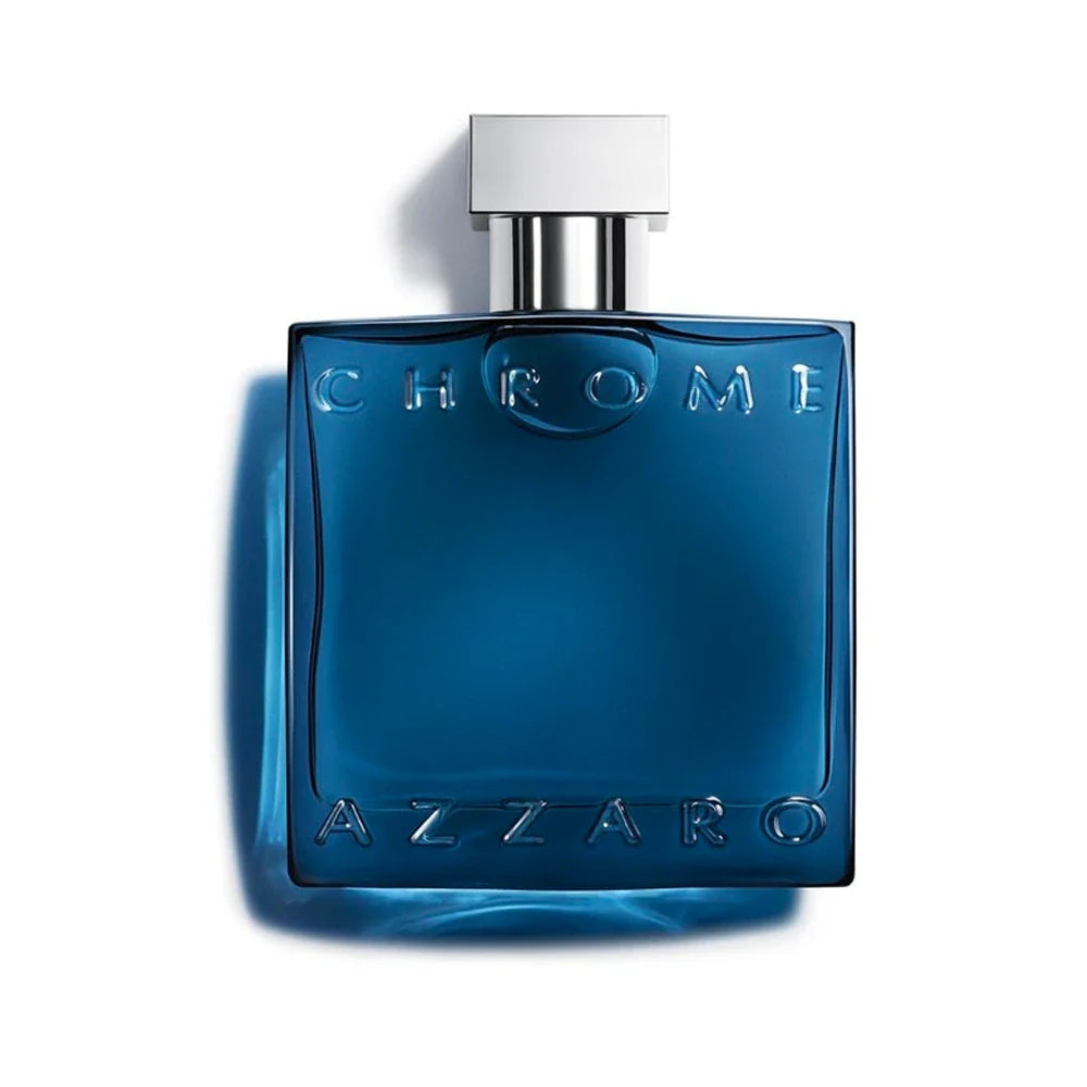 Blue Azzaro Chrome perfume bottle on a white background