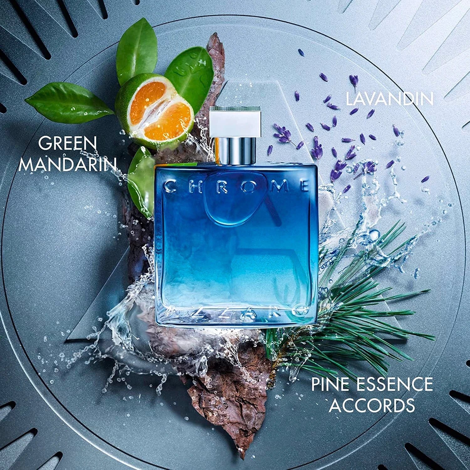 Blue perfume bottle with green mandarin, lavender, and pine elements on a gray background