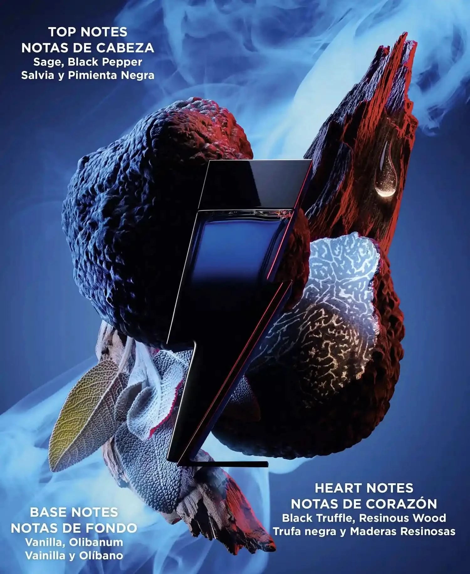 Perfume bottle with red and blue elements on a blue background