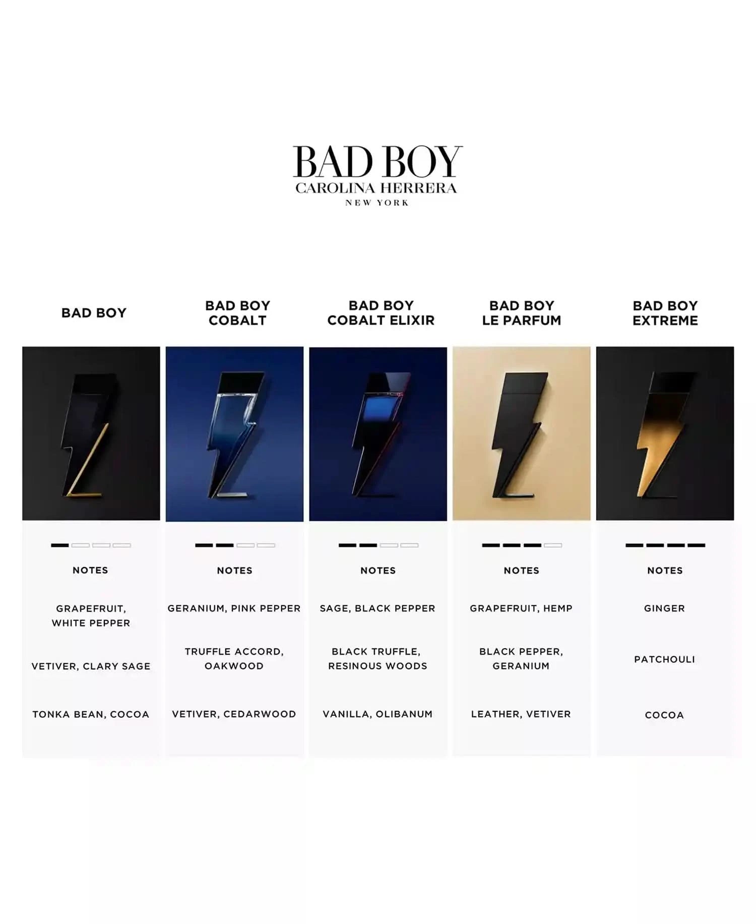 Carolina Herrera Bad Boy fragrance line with product images and notes on a white background