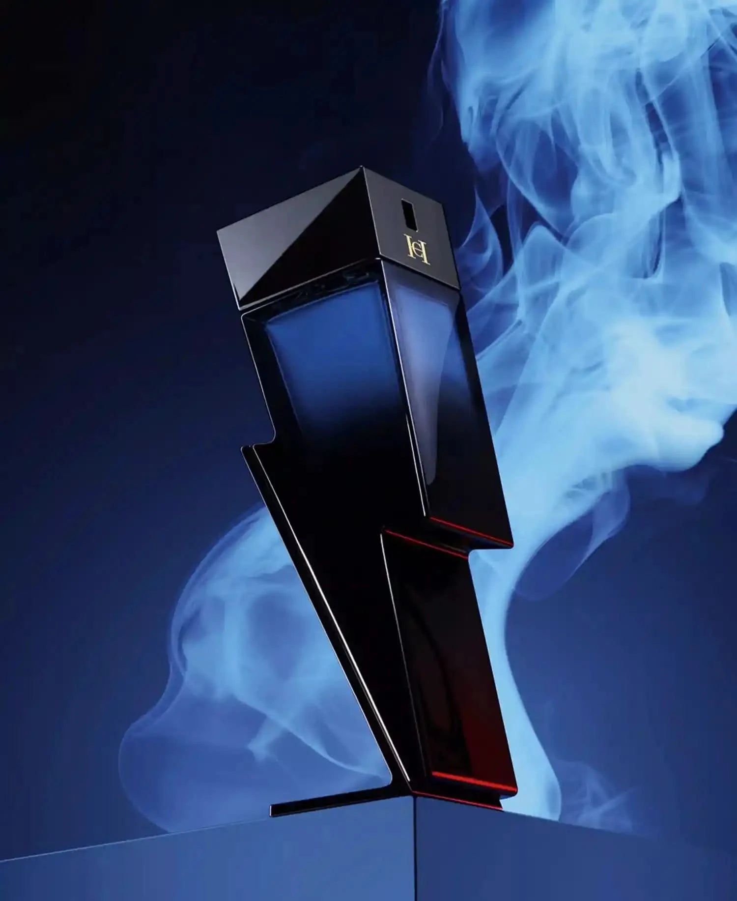 Black and red perfume bottle with blue smoke effect on a dark background