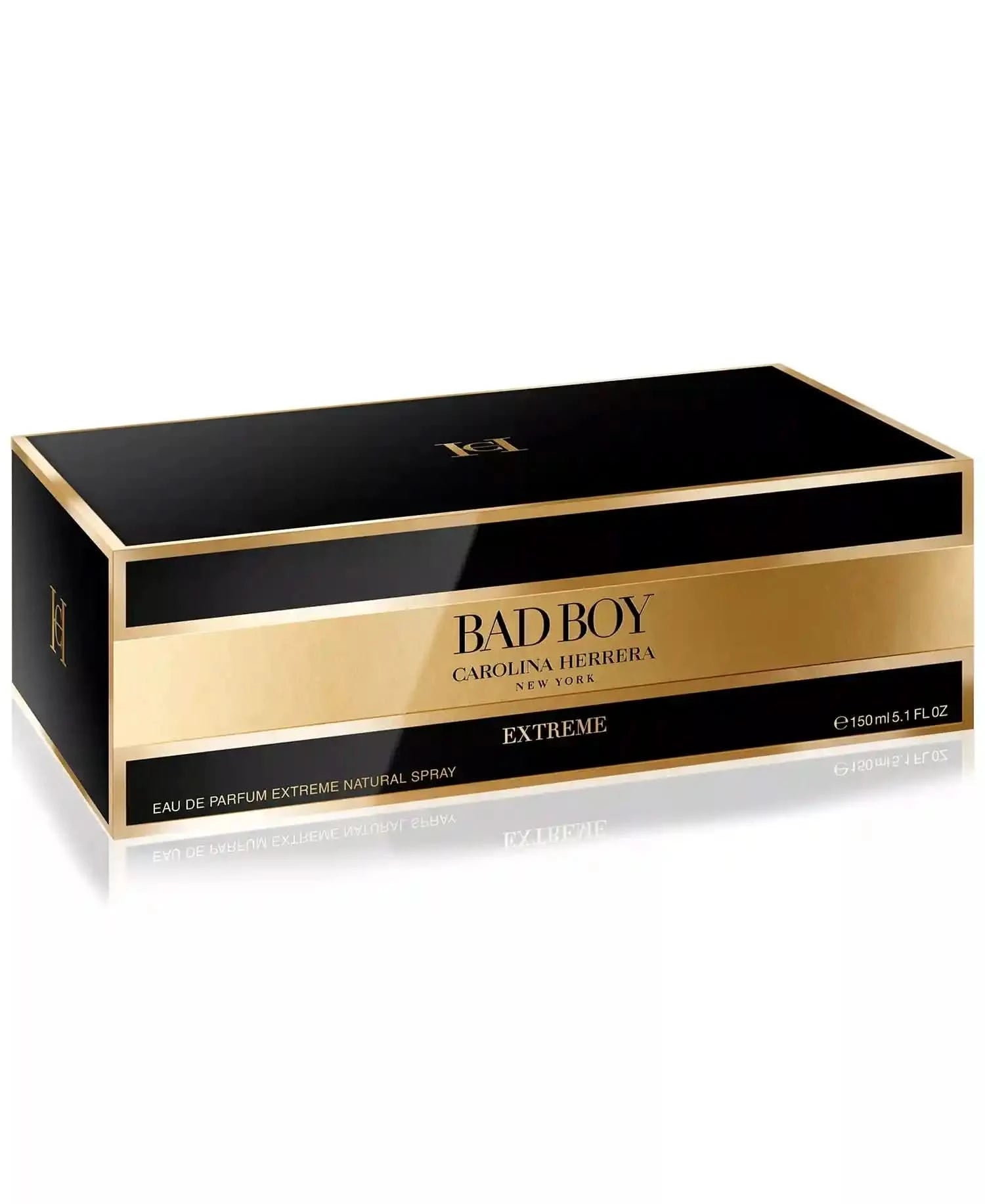 Black and gold box of Carolina Herrera Bad Boy Extreme perfume on a white background