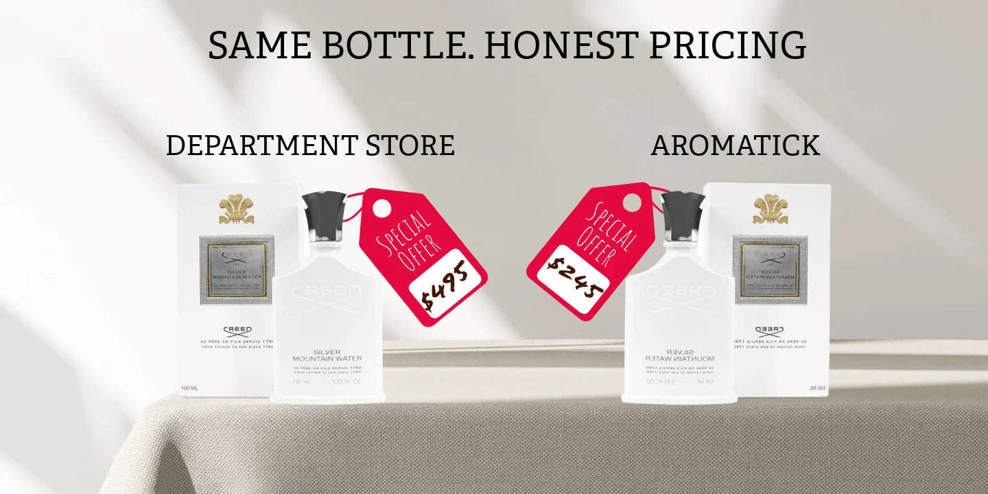 Comparison of department store and Aromatick product packaging with price tags.