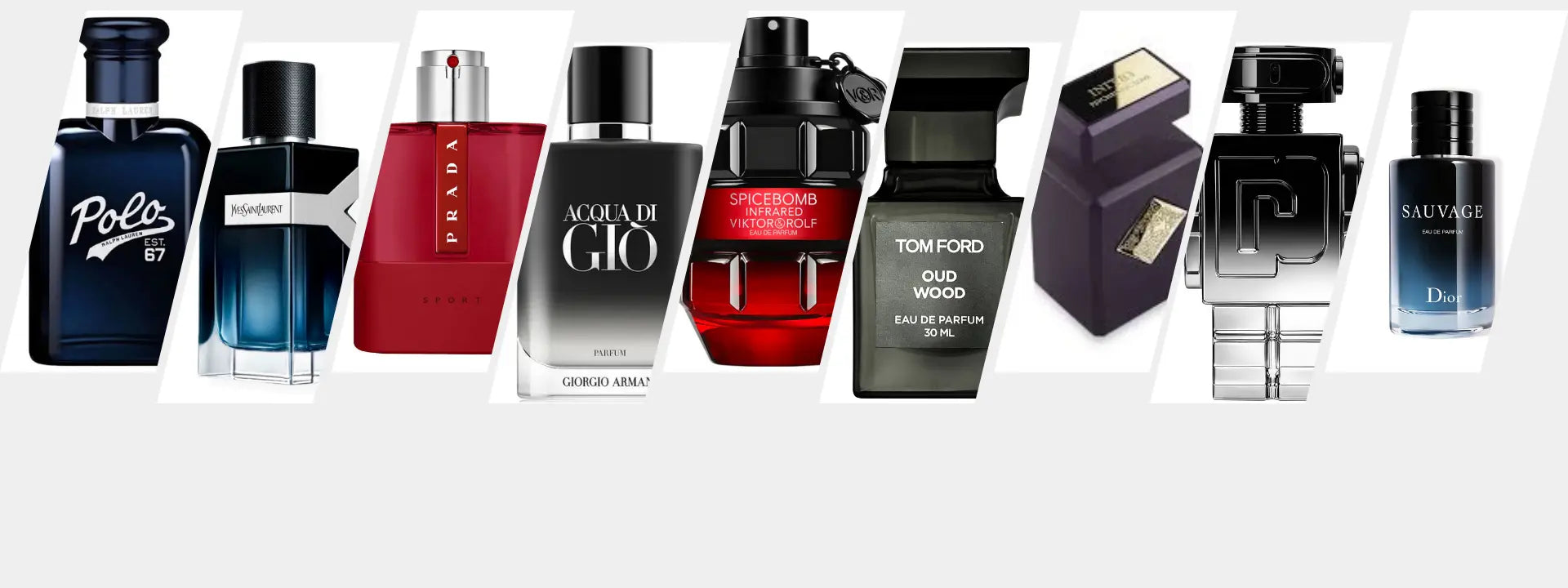 Discount designer men's fragrances banner - Tom Ford, Dior Sauvage, Acqua di Giò, Prada, YSL, Viktor&Rolf - authentic luxury colognes 30-60% off