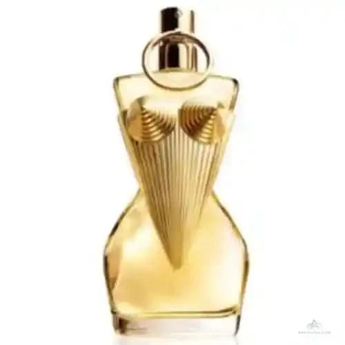 Gold perfume bottle with a unique design on a white background