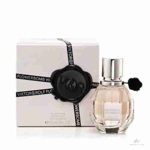 Viktor & Rolf Flowerbomb perfume bottle and packaging on a white background