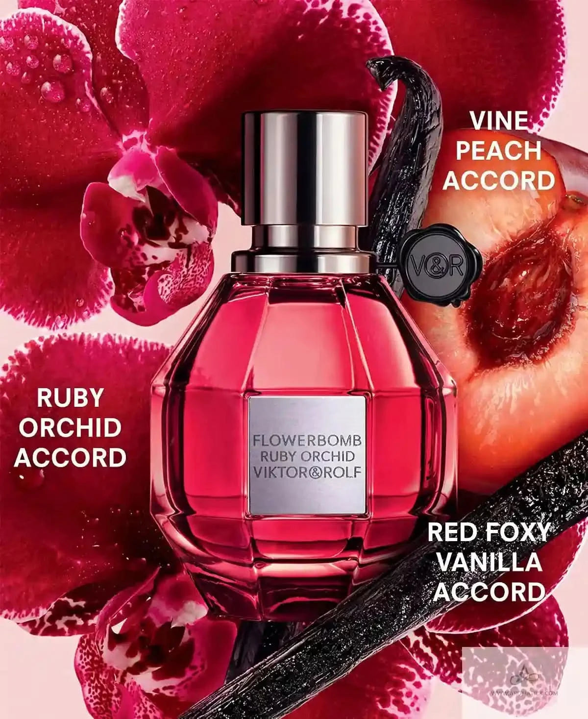 Viktor & Rolf Flowerbomb Ruby Orchid perfume bottle with floral and fruit elements on a pink background