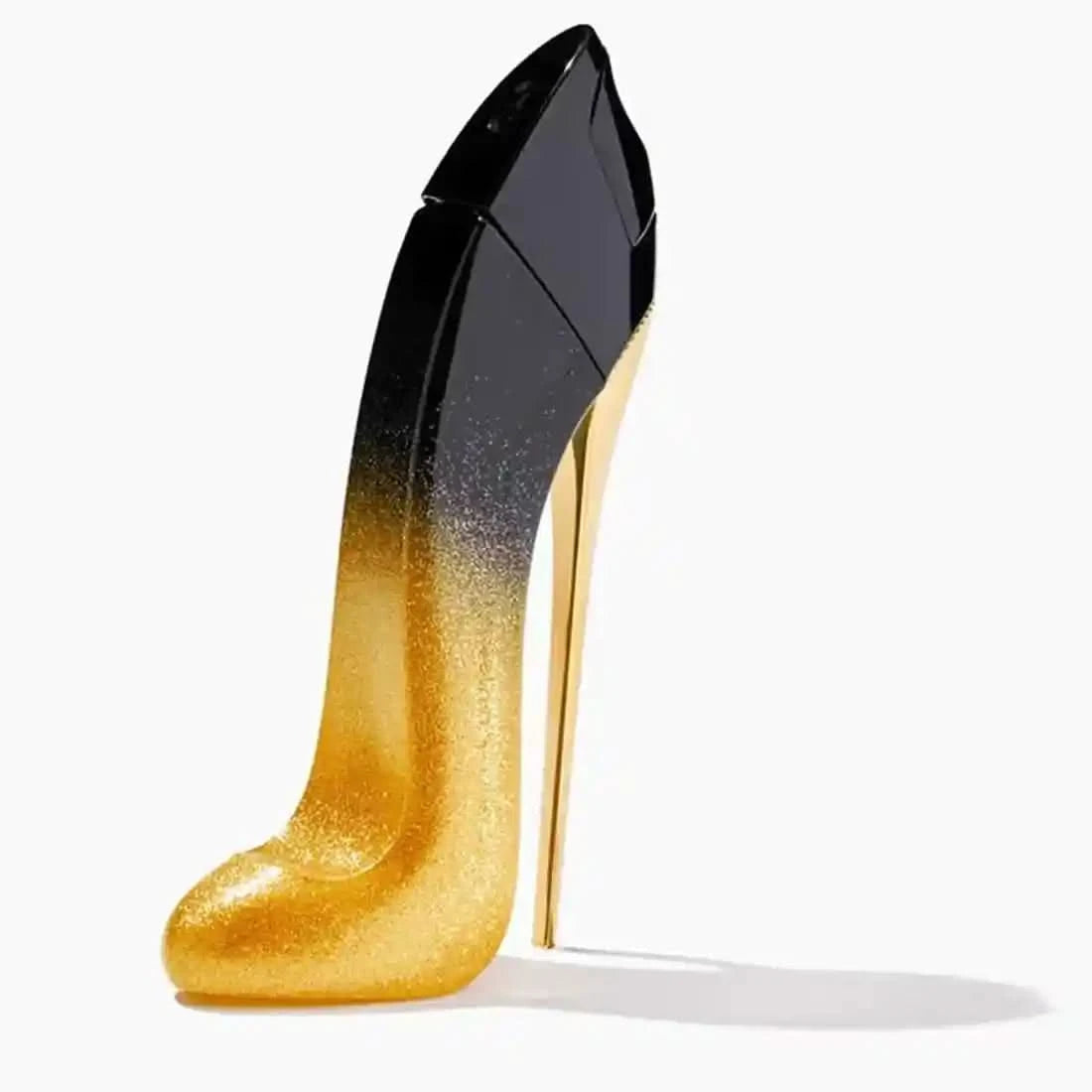 High-heeled shoe with black and gold gradient on a white background