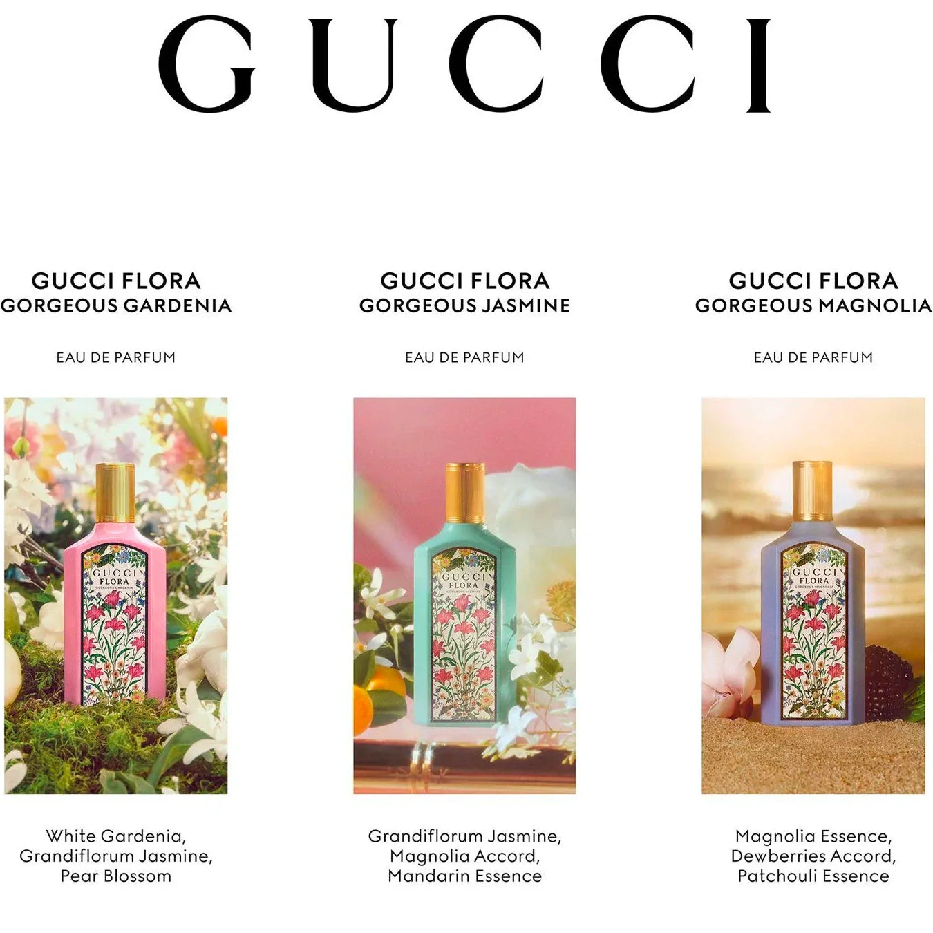 Three Gucci Flora perfume bottles with floral designs on a white background