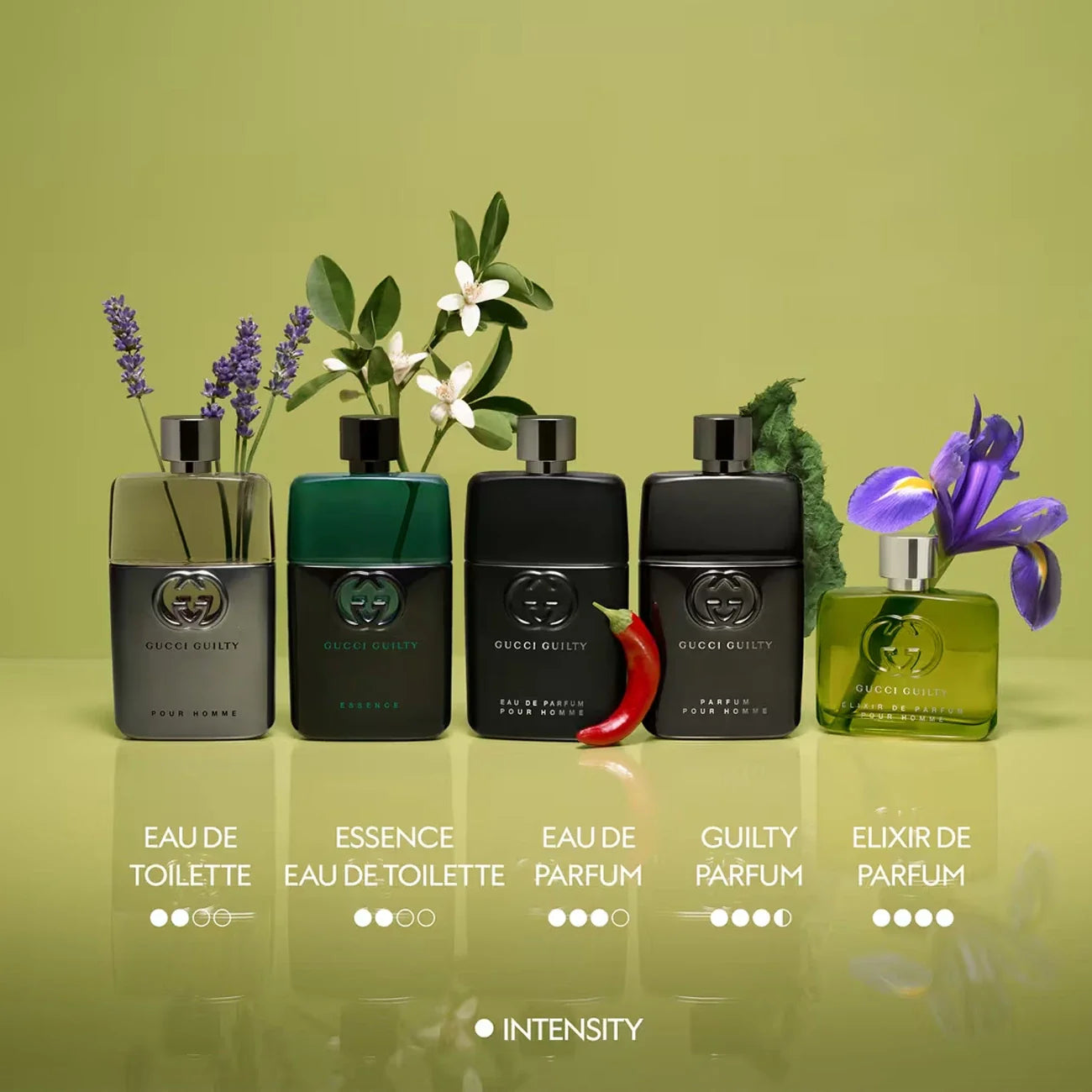 Gucci perfume bottles with flowers on a green background