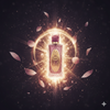 Luxurious perfume bottle with glowing effects and falling petals on a dark background