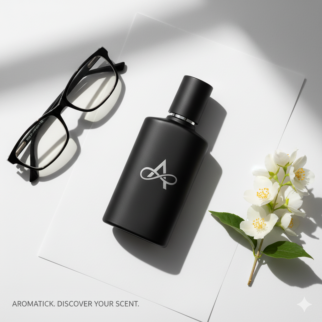 a bottle of perfume rests on a table with a pair of glasses and flower