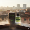 Valentino perfume bottle and packaging on a rooftop with cityscape background