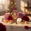 Perfume bottle with flowers and spices on a table