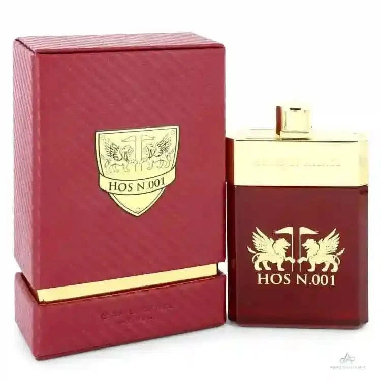 HOS N.001 EDP by House of Sillage in a luxurious red and gold box, premium men's cologne with woody and fresh notes.