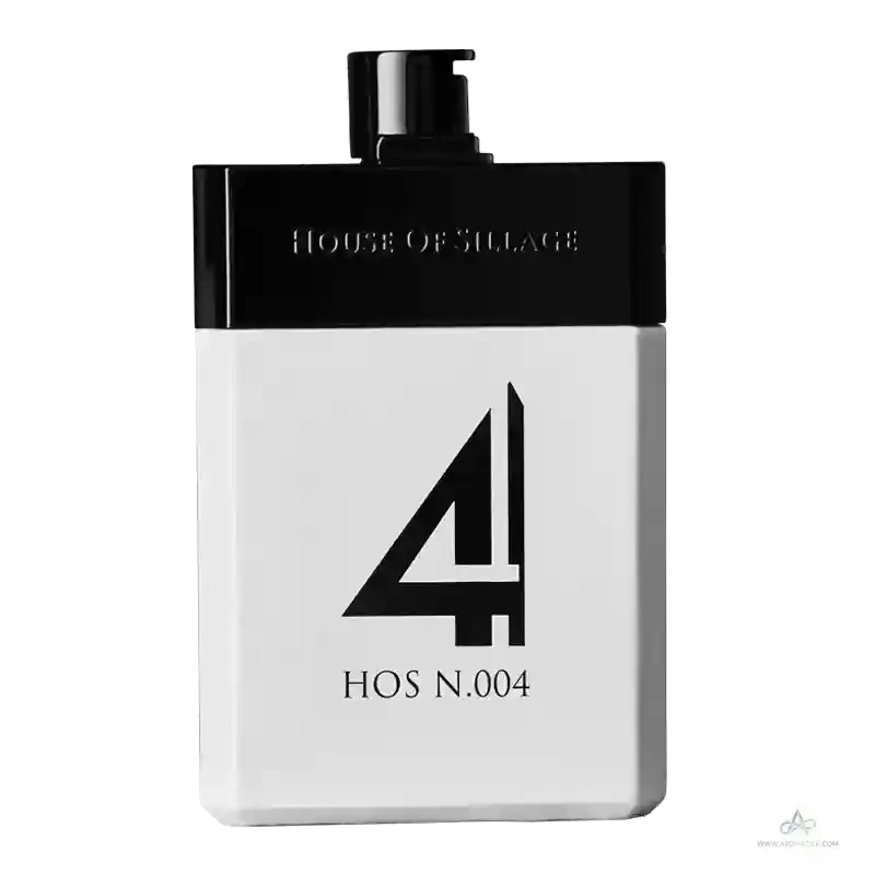 Close-up of HOS N.004 EDP cologne bottle by House of Sillage, featuring a minimalist black and white design for men.