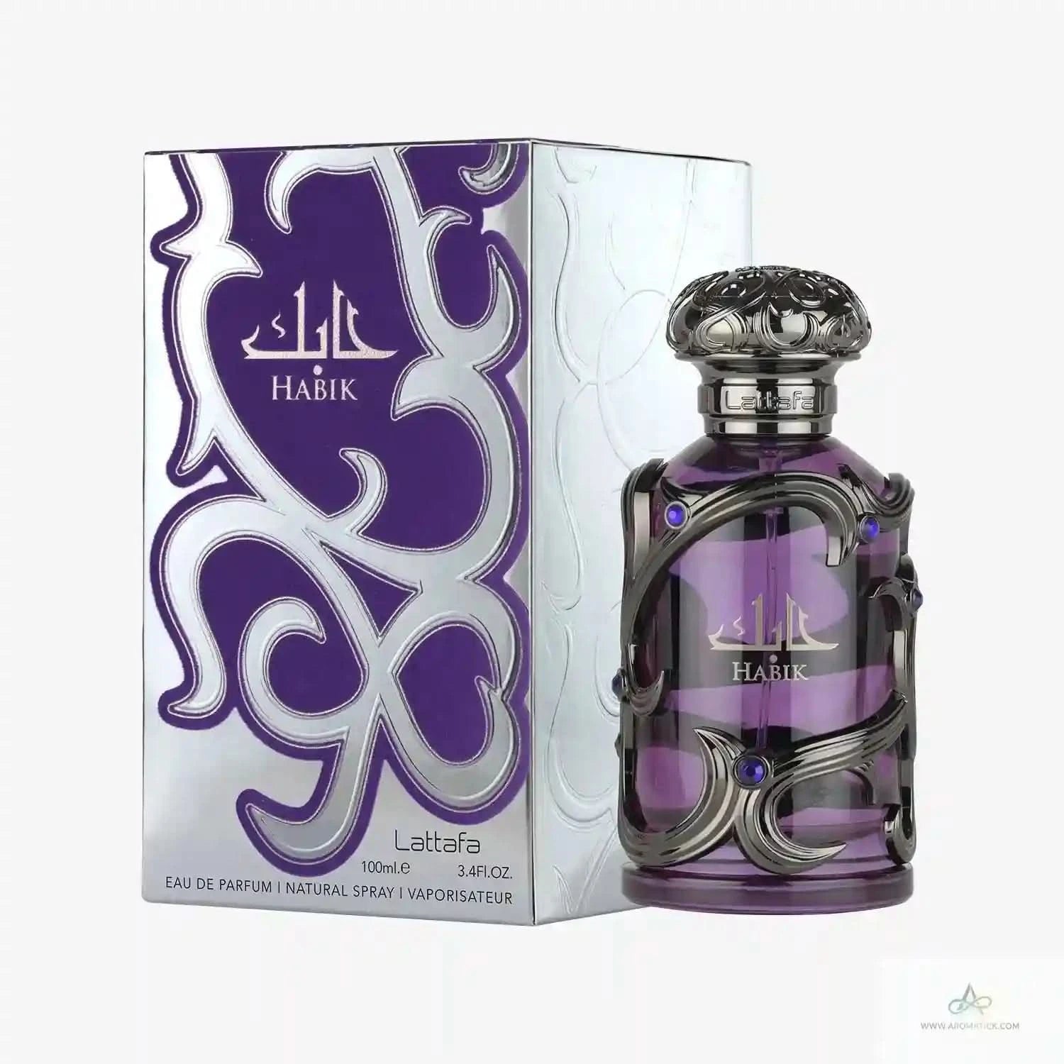 Purple Habik perfume bottle with decorative design and matching box on a white background