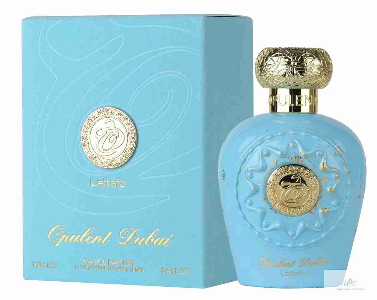 Blue perfume bottle and packaging with gold accents on a white background