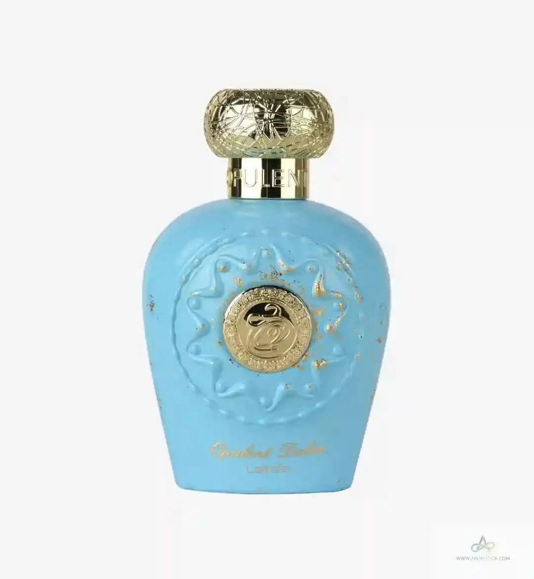 Blue perfume bottle with gold accents on a white background