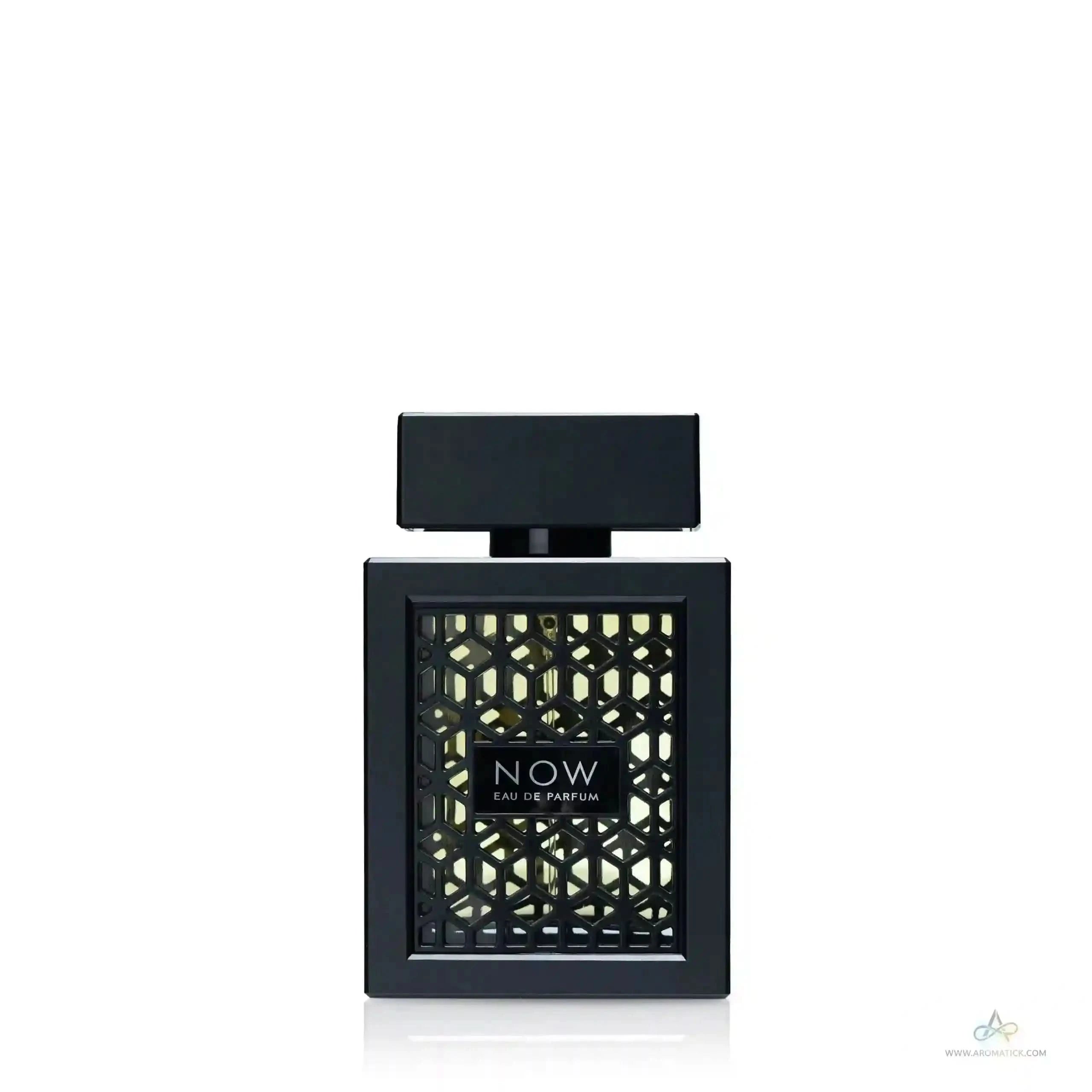 Black perfume bottle with decorative front panel on a white background
