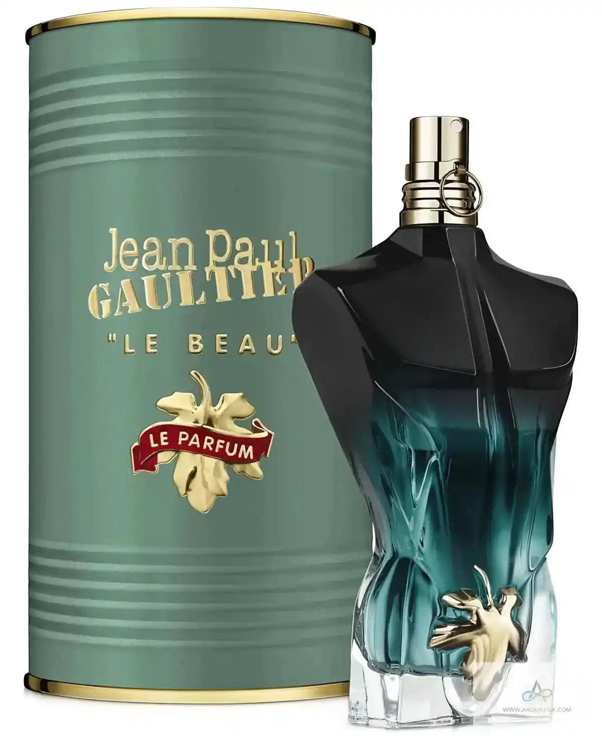 Le Beau Le Parfum - Aromatick men's cologne by Jean Paul Gaultier with sculpted torso bottle and green cylindrical packaging.