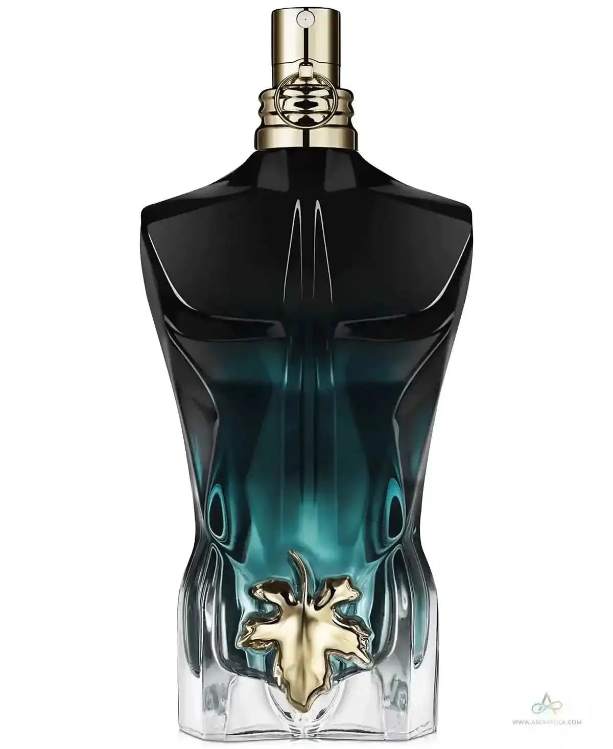 Le Beau Le Parfum - Aromatick intense men's cologne in a black-to-teal gradient torso-shaped bottle with gold leaf detail.