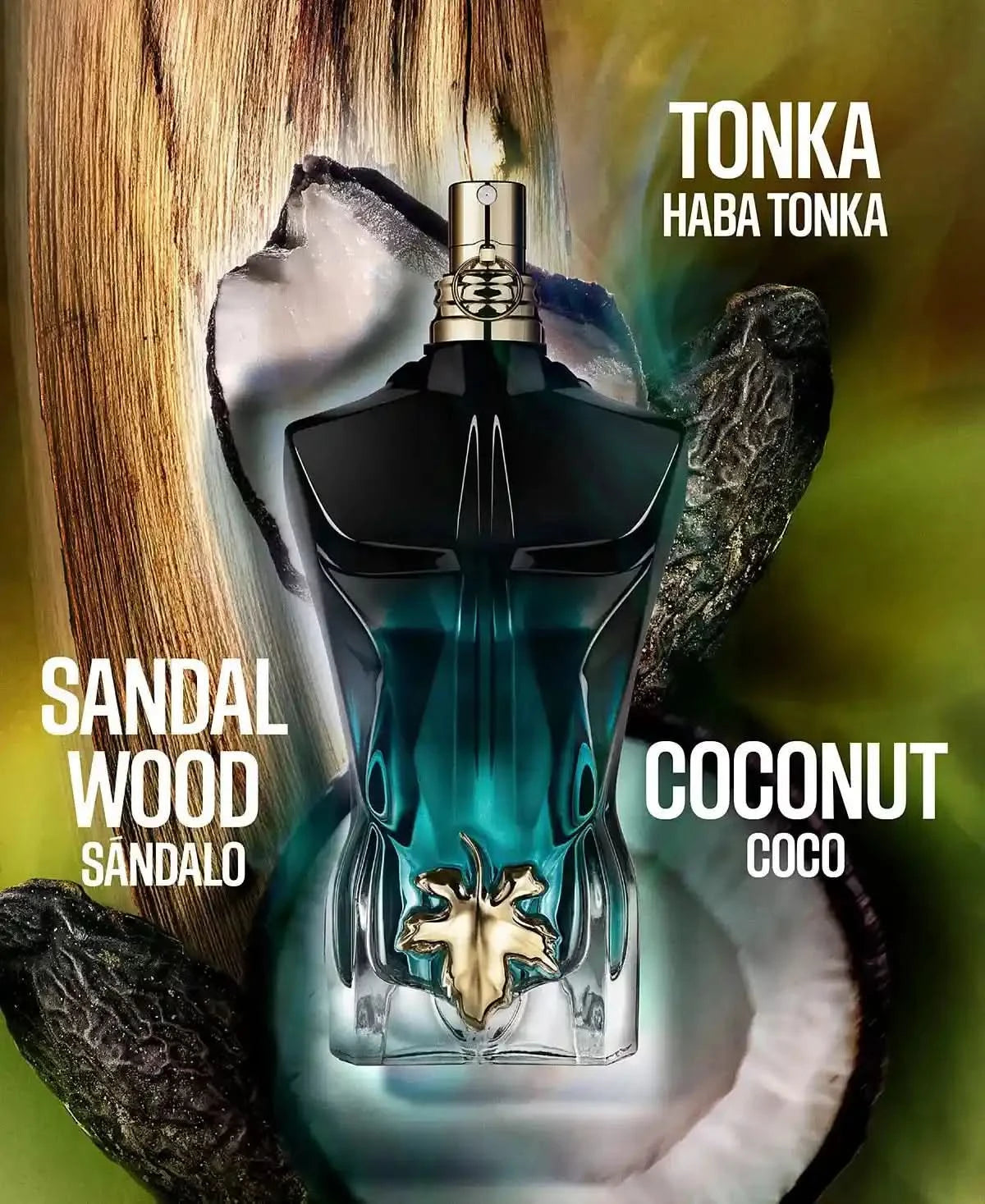 Le Beau Le Parfum - Aromatick cologne featuring key notes of tonka, sandalwood, and coconut with tropical background imagery.