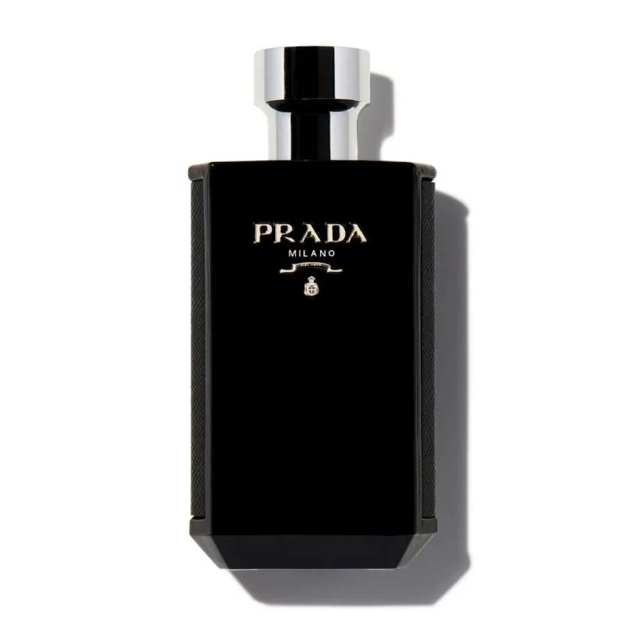 Black Prada Milano perfume bottle on a white background