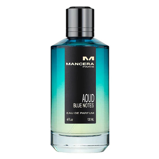 Mancera Aoud Blue Notes perfume bottle on a white background