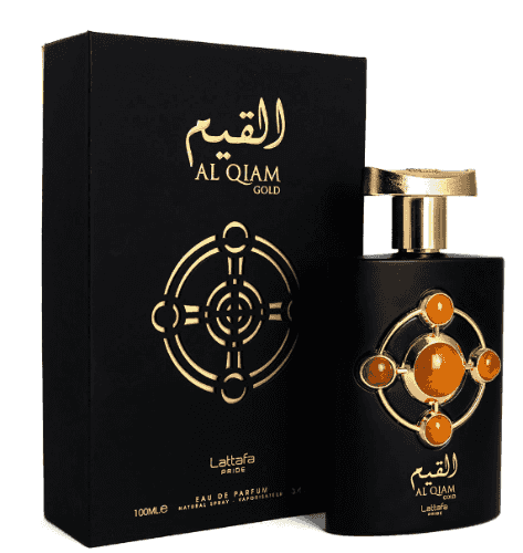 Black perfume bottle with gold accents and 'Al Qiam' branding next to its packaging on a white background.